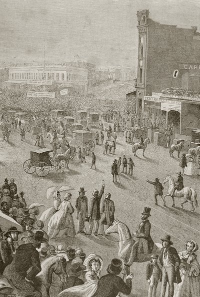 Ein Straßentreffen in den 1850er Jahren, San Francisco, aus 